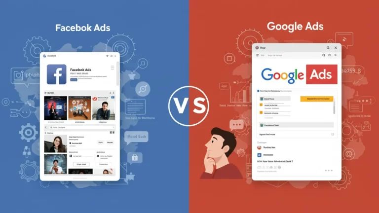 Comparação visual entre Facebook Ads e Google Ads mostrando as plataformas lado a lado com elementos de marketing digital