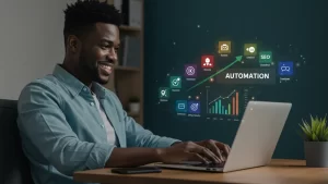 Profissional relaxado trabalhando com ferramentas de automação de marketing digital em um notebook
