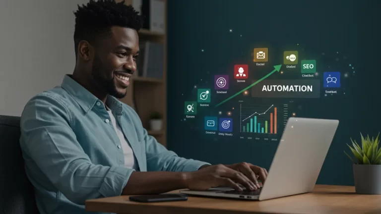 Profissional relaxado trabalhando com ferramentas de automação de marketing digital em um notebook