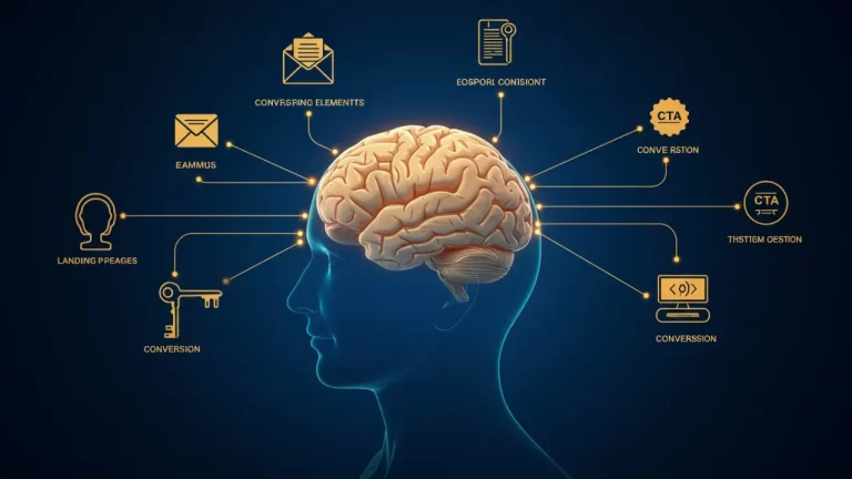 Gatilhos mentais aumentando conversões em marketing digital com elementos visuais de psicologia persuasiva