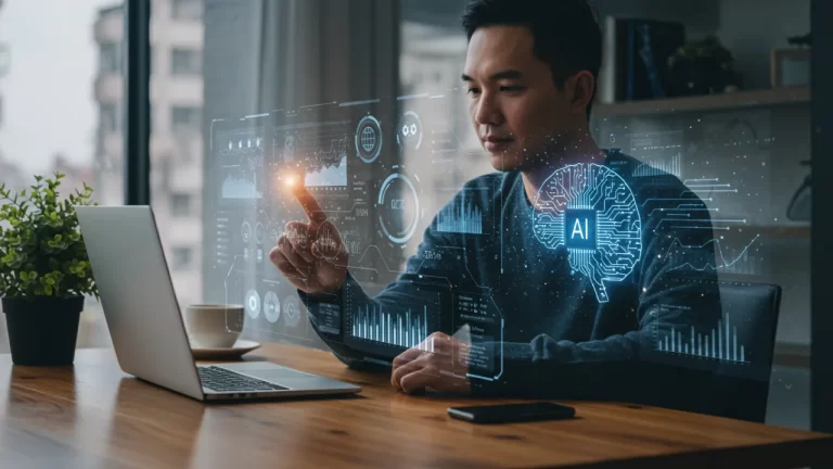 Inteligência Artificial e Marketing Digital: profissional analisando dados em tela interativa com elementos de IA