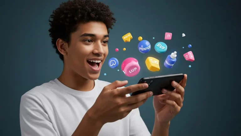 Pessoa utilizando realidade aumentada em smartphone com elementos 3D coloridos saindo da tela, representando a interação entre marcas e consumidores nas redes sociais.