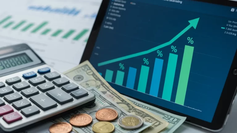Gráfico crescente de ROI de anúncios com calculadora e moedas simbolizando retorno sobre investimento em marketing digital