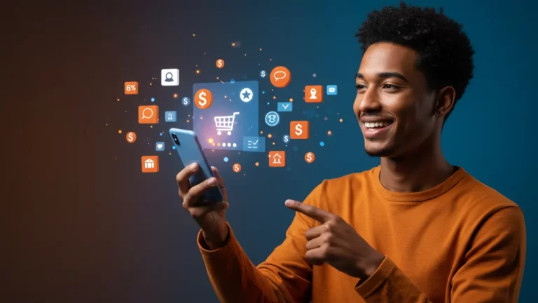 Pessoa utilizando smartphone para comprar produtos através de perfis de social commerce com ícones de compra e redes sociais flutuando ao redor da tela