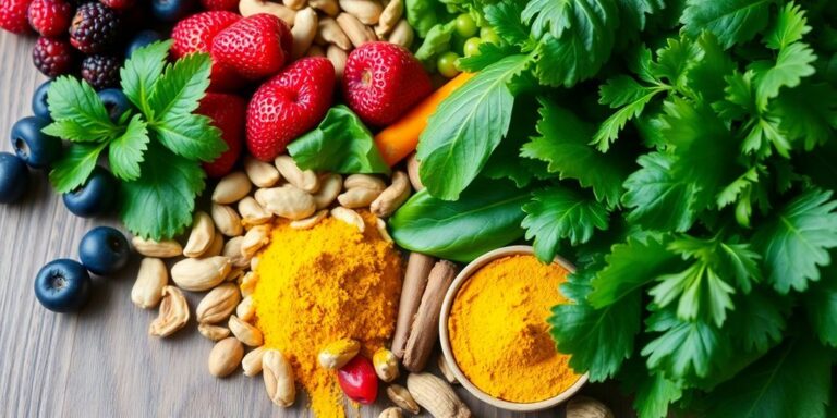 Variedade de alimentos anti-inflamatórios coloridos e saudáveis.