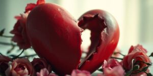 Coração partido cercado por flores murchas.