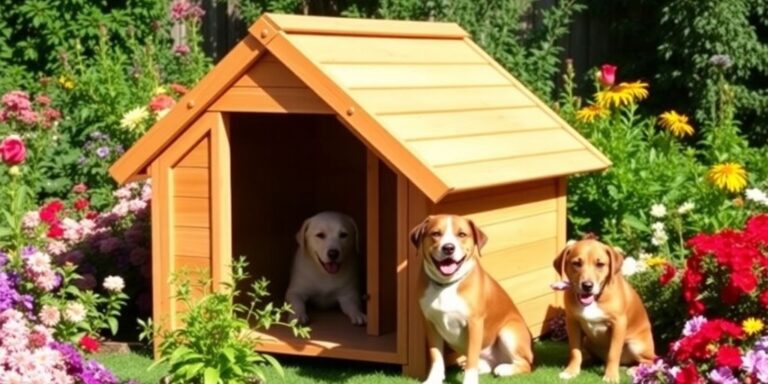 Casinha de cachorro em um jardim florido.