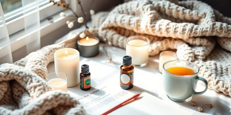 Imagem de autocuidado com velas e óleos essenciais.