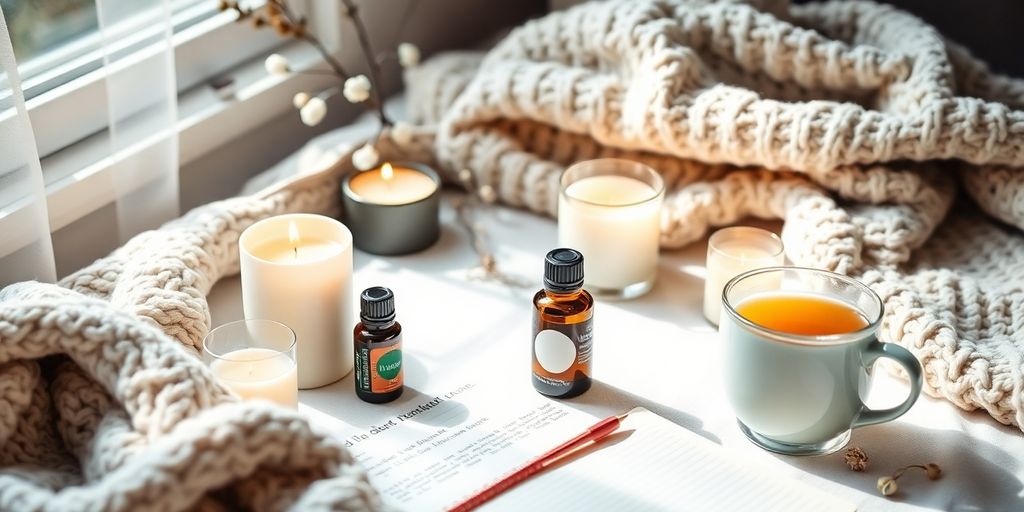 Imagem de autocuidado com velas e óleos essenciais.