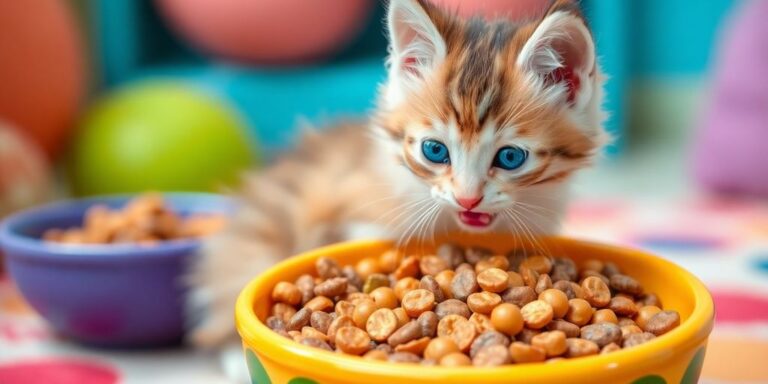Gato filhote comendo ração colorida em um prato.