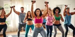 Pessoas se exercitando em casa com equipamentos de treino.