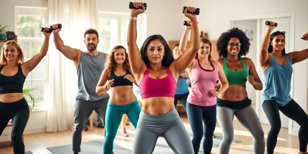 Pessoas se exercitando em casa com equipamentos de treino.