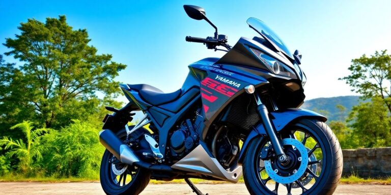 Moto Yamaha em um cenário natural impressionante.