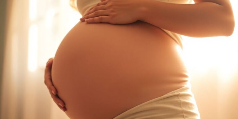 Mulher grávida segurando a barriga em luz suave.