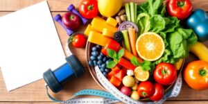 Prato colorido com frutas e vegetais saudáveis.