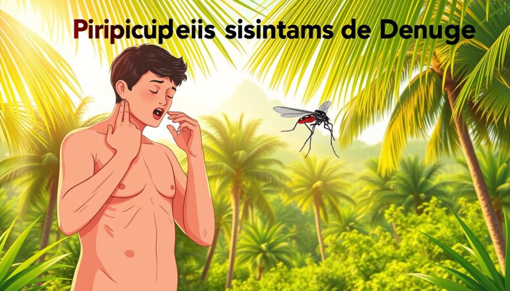 A bright, crisp digital illustration depicting the main symptoms of dengue fever. In the foreground, a human figure experiences the characteristic fever, aches, and rash associated with the disease. The middle ground shows the mosquito vector transmitting the virus. In the background, a vibrant tropical landscape with palm trees and lush greenery sets the scene. Warm, saturated colors and a sharp, realistic style convey the urgency and severity of the medical condition. Dramatic lighting with rays of sun breaking through the leaves adds depth and drama to the composition. The image should clearly and compellingly visualize the "Principais Sintomas de Dengue" for the informative article.