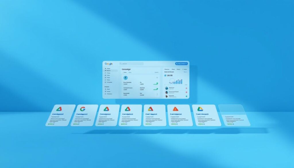 A clean and minimalist layout depicting a Google Ads campaign selection interface. In the foreground, various campaign types are arranged in a grid, each with a distinct icon and label. The middle ground features a simplified dashboard displaying key performance metrics and insights. The background adopts a subtle gradient in shades of blue, conveying a sense of digital professionalism. Soft directional lighting from the top left casts gentle shadows, creating depth and dimensionality. The overall atmosphere exudes a calm, focused, and technology-driven aesthetic, suitable for illustrating the "Como Escolher o Tipo de Campanha Ideal" section of the article.