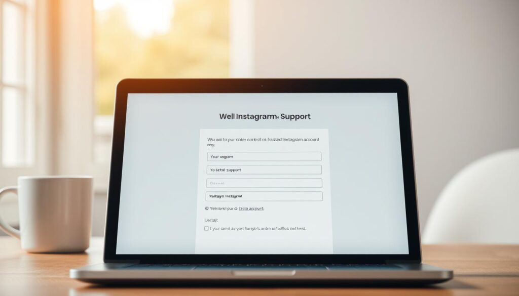 A clean, crisp image of an Instagram support form displayed on a laptop or tablet device. The form is centered in the foreground, with a blurred background showcasing a vibrant social media interface. The form has a professional, official appearance, with clearly labeled fields for user input. Warm, natural lighting bathes the scene, creating a welcoming atmosphere. The composition is balanced, drawing the viewer's attention to the form as the focal point. The overall mood evokes a sense of confidence and reassurance, reflecting the user's need to regain control of their hacked Instagram account. A clean, crisp image of an Instagram support form displayed on a laptop or tablet device. The form is centered in the foreground, with a blurred background showcasing a vibrant social media interface. The form has a professional, official appearance, with clearly labeled fields for user input. Warm, natural lighting bathes the scene, creating a welcoming atmosphere. The composition is balanced, drawing the viewer's attention to the form as the focal point. The overall mood evokes a sense of confidence and reassurance, reflecting the user's need to regain control of their hacked Instagram account.