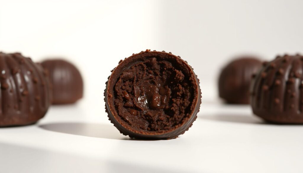 A close-up, high-resolution photograph of a single, freshly made Brazilian brigadeiro, set against a clean, light-colored background. The brigadeiro is in perfect, symmetrical form, with a glossy, dark chocolate exterior and a soft, smooth, fudgy interior. The lighting is natural and diffused, casting subtle highlights and shadows that accentuate the texture and depth of the confection. The angle is slightly elevated, capturing the brigadeiro at eye level, inviting the viewer to appreciate its simple, yet decadent appearance. The overall mood is one of appetizing simplicity, highlighting the pure, unadulterated essence of this classic Brazilian treat.
