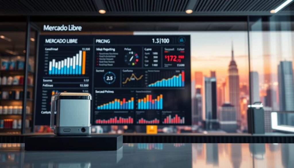 A competitive pricing strategy for Mercado Libre marketplace, featuring a sleek and modern product display in the foreground. The middle ground showcases data visualizations and pricing charts, highlighting the analytical tools used to inform strategic pricing decisions. In the background, a vibrant, abstract cityscape represents the dynamic e-commerce landscape. Soft, diffused lighting creates a professional, yet compelling atmosphere, inviting the viewer to imagine the potential for success through thoughtful pricing on the platform.