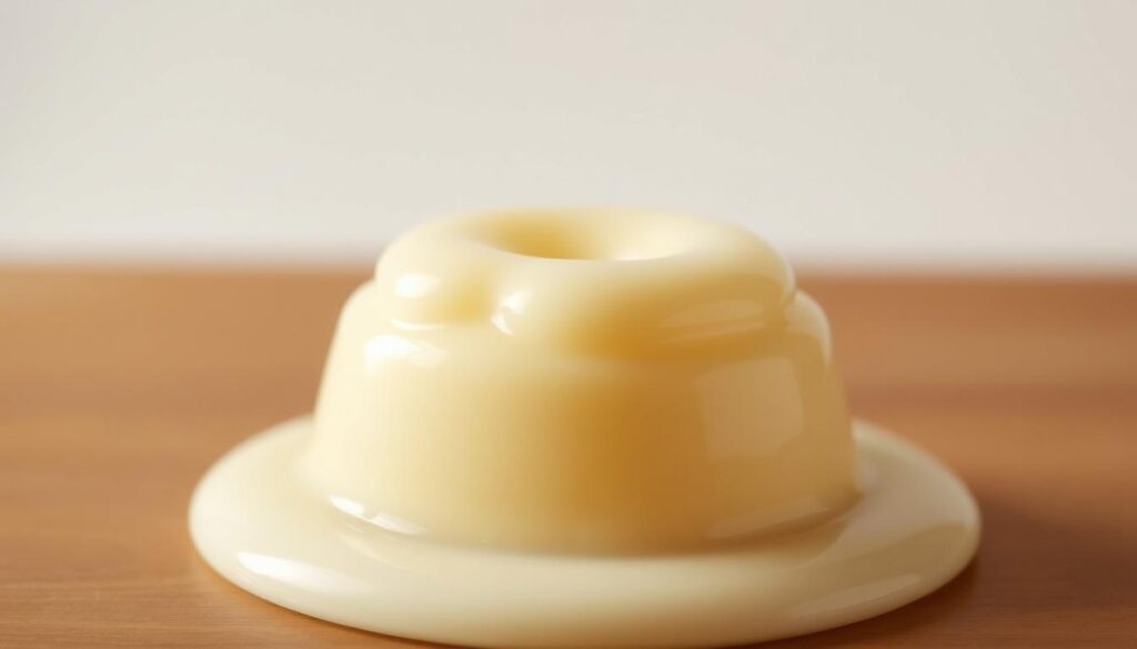 A creamy, glistening pudim de leite condensado set atop a delicate custard-like base, casting a soft, warm glow under a gentle spotlight. The rich, silky texture of the pudding is evident, inviting the viewer to imagine the decadent sweetness of the condensed milk. Rendered with realistic details, the pudim is framed by a simple, minimalist background, allowing the dessert to be the sole focus of the composition. Captured at an eye-level angle, the image conveys a sense of elegance and sophistication, perfectly befitting the "Como Fazer Pudim: Passo a Passo" section of the article.