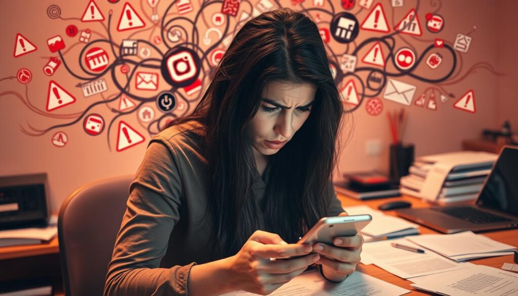 A dark-haired person frantically tapping on a smartphone, a distressed expression on their face. In the background, a tangled web of digital icons and warning signs, representing the hacked Instagram account. Warm amber lighting casts a sense of urgency, while scattered papers and a laptop on a cluttered desk suggest a frantic attempt to regain control. The composition conveys the stress and frustration of dealing with a hacked social media account, the subject's body language and the ominous digital elements emphasizing the severity of the situation.