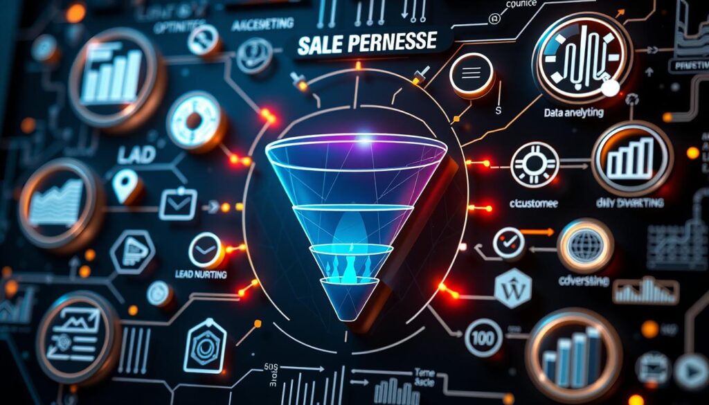 A detailed scene of a sales funnel optimization process. A central sales funnel chart is prominently displayed, its stages represented by geometric shapes in a cascading layout. Surrounding the funnel are various icons and visual elements symbolizing key optimization strategies - data analytics, targeted advertising, lead nurturing, customer segmentation, and conversion rate optimization. The composition has a dynamic, high-tech aesthetic with subtle use of metallic tones, glowing accents, and dynamic lighting to convey a sense of sophistication and forward momentum. The overall mood is one of analytical precision and strategic focus, reflecting the mindset required to maximize sales performance.