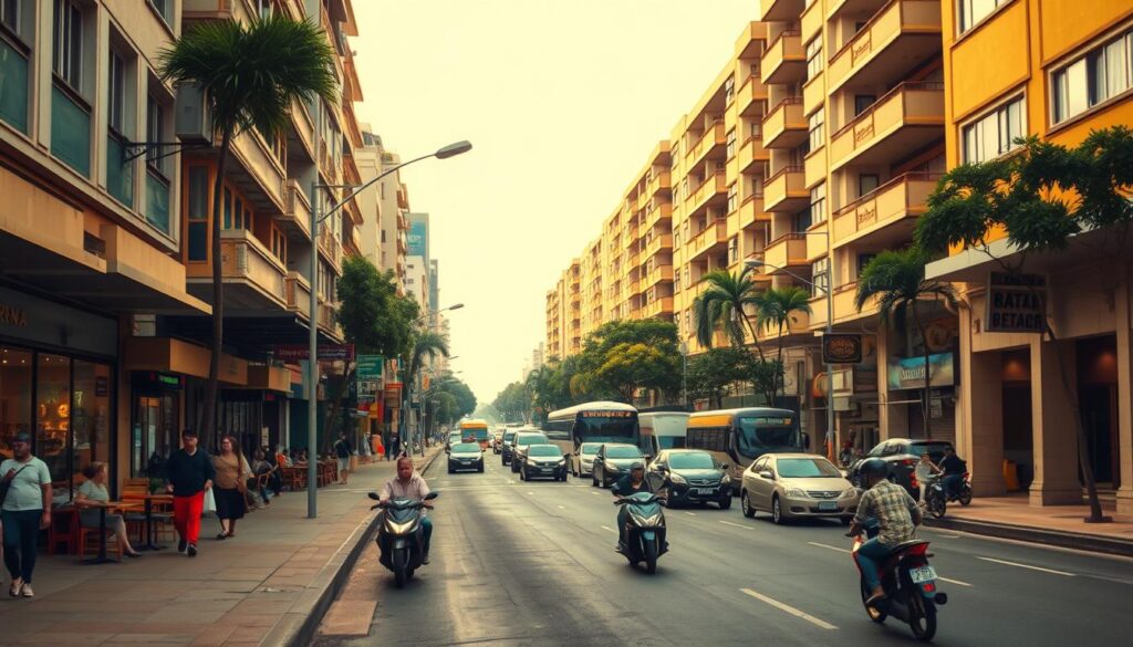 A detailed street scene depicting a typical urban logradouro, or public thoroughfare, in a bustling Brazilian city. The foreground features a well-maintained sidewalk lined with diverse shops, cafes, and pedestrians going about their daily routines. The middle ground showcases a two-lane paved road with slow-moving traffic of cars, buses, and motorcycles. In the background, a row of multi-story buildings with a mix of residential and commercial units creates a sense of density and vitality. The lighting is warm and diffused, creating a vibrant, energetic atmosphere. The perspective is slightly elevated to provide an immersive, street-level view, captured with a wide-angle lens to convey the scope and liveliness of the logradouro.