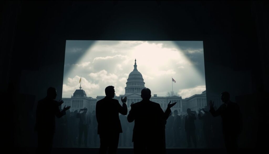 A dimly lit political stage, with a sense of unease and uncertainty. In the foreground, silhouettes of political figures gesticulating, their expressions obscured by shadows. The middle ground features a backdrop of towering government buildings, their architecture casting ominous shadows across the scene. In the distance, a cloudy sky with a hint of turbulence, suggesting an unsettled and turbulent political climate. The lighting is dramatic, creating a sense of tension and drama, while the overall color palette is muted, conveying a somber and serious mood. The scene evokes a feeling of the current political landscape, where the future remains uncertain and the path forward is obscured.