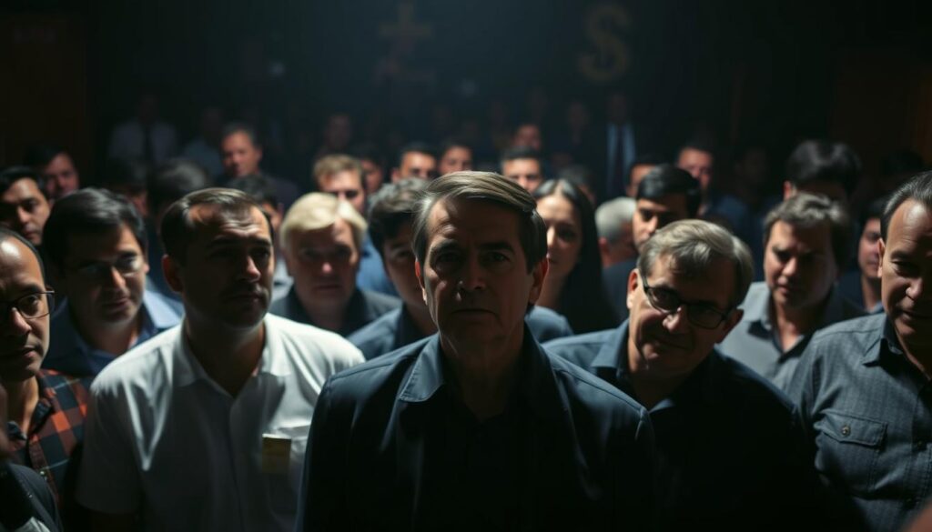 A group of Bolsonaro's political allies gathered in a dimly lit room, their faces cast in deep shadows. In the foreground, a few prominent figures stand tall, their expressions serious and resolute. Behind them, a swirling mass of supporters, their features obscured, lending an air of mystery and power to the scene. The lighting is dramatic, creating a sense of intrigue and high-stakes negotiation. The camera angle is slightly tilted, giving the impression of a clandestine meeting, a behind-the-scenes power play unfolding. The overall atmosphere is one of political maneuvering, alliances forged, and strategies being hashed out in the shadows.