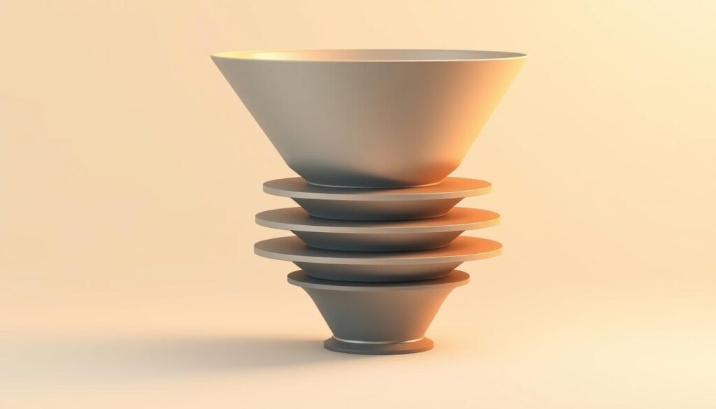 A high-contrast, meticulously rendered digital illustration of a sleek, modern sales funnel. The funnel's stages are clearly defined, with each step progressively narrowing towards the bottom. The funnel is composed of clean, geometric shapes in a neutral color palette, with subtle hints of warm tones to convey a sense of efficiency and professionalism. The lighting is crisp and directional, creating defined shadows that accentuate the funnel's three-dimensional form. The background is a minimalist, softly blurred gradient, allowing the funnel to be the focal point. The overall composition exudes a sense of streamlined optimization, reflecting the section title "Otimizando Cada Etapa do Funil de Vendas".