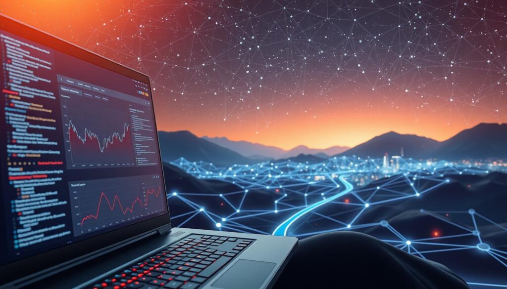 A high-tech digital landscape depicting technical optimization for SEO. In the foreground, a sleek, futuristic computer interface with lines of code and analytics dashboards. In the middle ground, a network of interconnected nodes and digital pathways, symbolizing the complex web of search engine algorithms. In the background, a starry sky backdrop, hinting at the vastness and ever-evolving nature of the digital universe. Warm, hazy lighting casts a glow over the scene, creating a sense of depth and atmosphere. The composition should convey a balanced blend of technical precision and the boundless potential of search engine optimization.