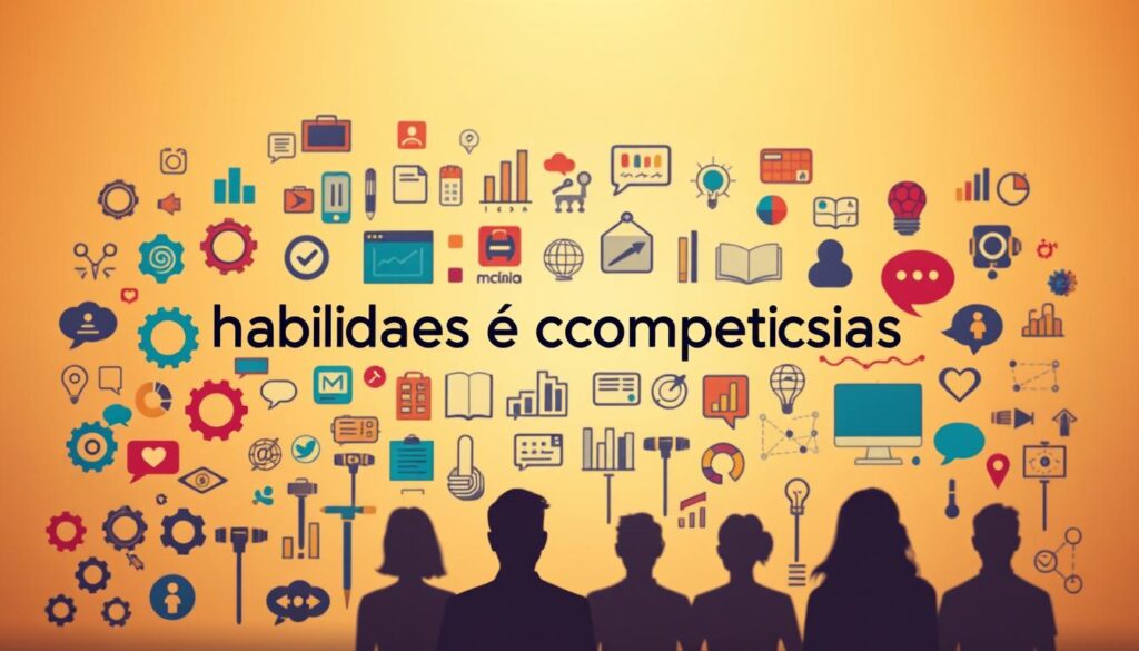 A highly detailed, tightly composed illustration of "habilidades e competências" against a softly blurred, warm-toned background. The foreground features a diverse array of vibrant icons and symbols representing various skills, abilities, and areas of expertise - from problem-solving gears and analytical graphs to creative paint brushes and communicative speech bubbles. The midground showcases subtle, shadowy outlines of human silhouettes, suggesting the application and mastery of these competencies. The background is a tranquil, gentle gradient of golden and amber hues, evoking a sense of accomplishment, growth, and confidence. Crisp, high-resolution photography with a shallow depth of field and soft, directional lighting create an impactful, professional visual.