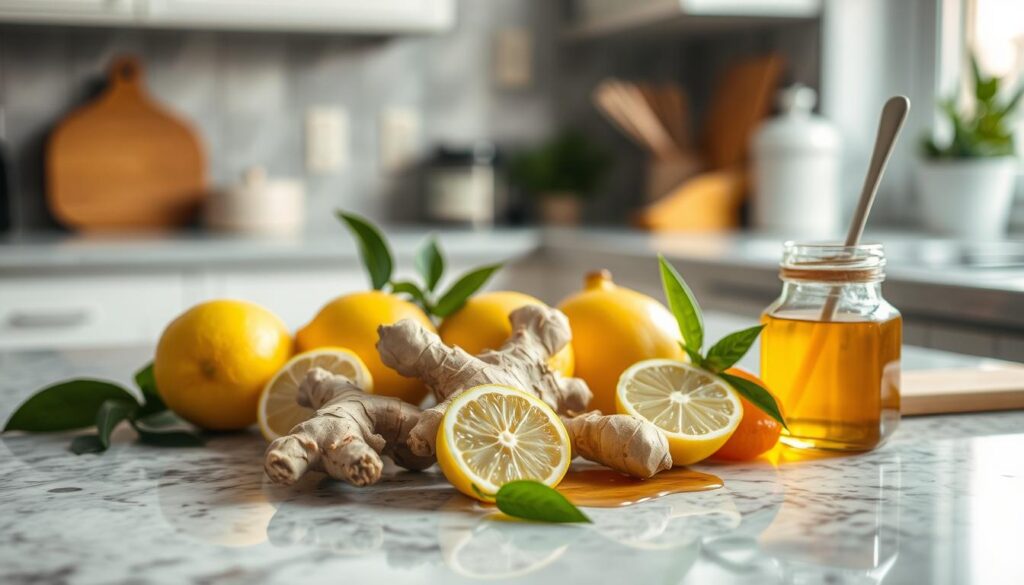 A kitchen counter with a variety of natural ingredients, such as lemons, ginger, and honey, arrayed in an appealing still life composition. Soft, warm lighting illuminates the scene, creating a calming and inviting atmosphere. The focus is on the arrangement of these ingredients, which are intended to suggest natural remedies for a bitter or unpleasant taste in the mouth. The overall mood is one of simplicity, wellness, and the power of natural solutions. A kitchen counter with a variety of natural ingredients, such as lemons, ginger, and honey, arrayed in an appealing still life composition. Soft, warm lighting illuminates the scene, creating a calming and inviting atmosphere. The focus is on the arrangement of these ingredients, which are intended to suggest natural remedies for a bitter or unpleasant taste in the mouth. The overall mood is one of simplicity, wellness, and the power of natural solutions.