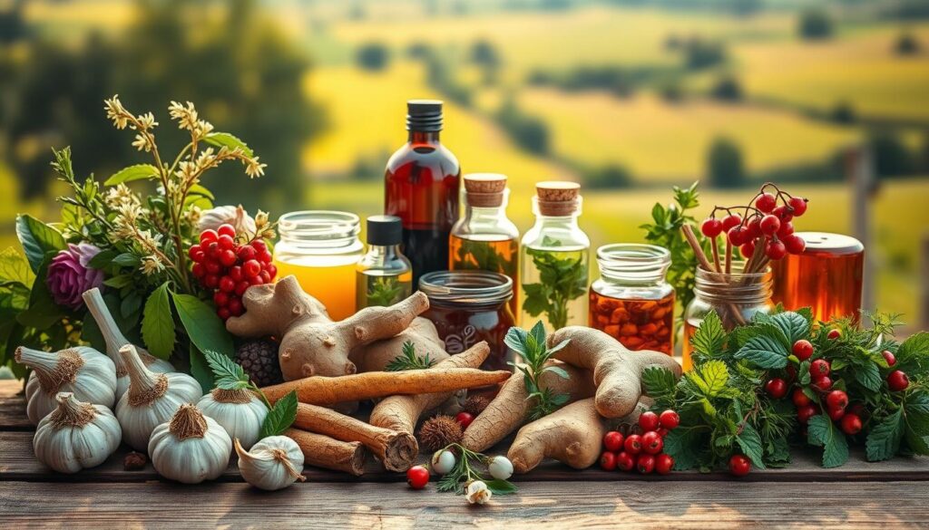 A lush, botanical still life showcasing an assortment of natural remedies for high blood pressure. In the foreground, an array of fresh herbs and medicinal plants such as garlic, ginger, turmeric, and hawthorn berries are carefully arranged on a rustic wooden surface, bathed in soft, diffused natural lighting. In the middle ground, glass jars and bottles containing herbal tinctures, infusions, and essential oils stand as testament to the restorative powers of phytotherapy. The background features a blurred, out-of-focus landscape hinting at the tranquil countryside, emphasizing the holistic, earth-based approach to managing hypertension. The overall mood is one of earthy elegance, inspiration, and the enduring wisdom of natural healing. A lush, botanical still life showcasing an assortment of natural remedies for high blood pressure. In the foreground, an array of fresh herbs and medicinal plants such as garlic, ginger, turmeric, and hawthorn berries are carefully arranged on a rustic wooden surface, bathed in soft, diffused natural lighting. In the middle ground, glass jars and bottles containing herbal tinctures, infusions, and essential oils stand as testament to the restorative powers of phytotherapy. The background features a blurred, out-of-focus landscape hinting at the tranquil countryside, emphasizing the holistic, earth-based approach to managing hypertension. The overall mood is one of earthy elegance, inspiration, and the enduring wisdom of natural healing.