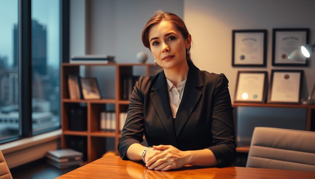 A professional woman standing in a modern office, her hands resting on a desk as she reflects on her career journey. The scene is bathed in warm, soft lighting, with a blurred city skyline visible through the window. Bookshelf and framed certificates can be seen in the background, symbolizing her hard-earned experience and skills. Her expression is pensive, conveying a sense of pride and accomplishment. The overall atmosphere is one of contemplation and the weight of her professional experiences.