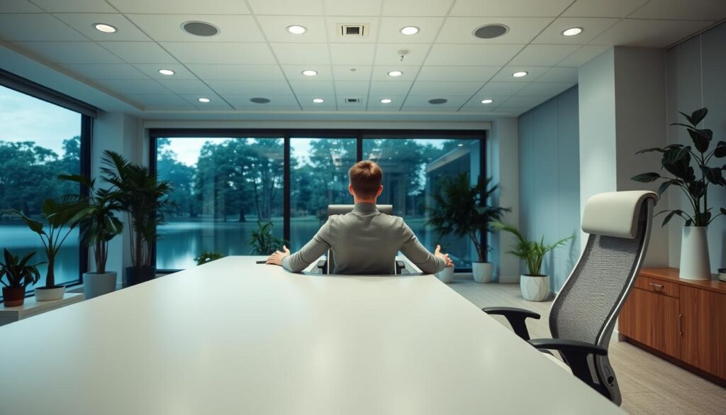 A serene, modern office setting with a large, uncluttered desk and a comfortable ergonomic chair. Soft, indirect lighting from a row of recessed ceiling lights creates a calming atmosphere. In the foreground, a person seated at the desk, hands resting on the surface, appearing relaxed and focused. Surrounding the desk, potted plants and a large window with a tranquil outdoor view, suggesting a connection to nature. The overall mood is one of mindfulness, control, and stress management. A serene, modern office setting with a large, uncluttered desk and a comfortable ergonomic chair. Soft, indirect lighting from a row of recessed ceiling lights creates a calming atmosphere. In the foreground, a person seated at the desk, hands resting on the surface, appearing relaxed and focused. Surrounding the desk, potted plants and a large window with a tranquil outdoor view, suggesting a connection to nature. The overall mood is one of mindfulness, control, and stress management.