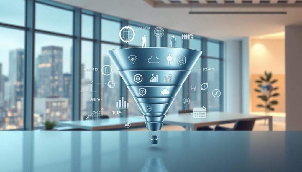 A sleek, modern illustration of an efficient sales funnel. The foreground features a stylized funnel shape, its layers representing the steps of the sales process - Awareness, Interest, Desire, and Action. The funnel is rendered in a cool, metallic palette, with subtle highlights and shadows conveying depth and dimensionality. In the middle ground, detailed yet minimalist icons and infographic elements visually represent key sales metrics and strategies. The background is a clean, minimalist workspace, with a large window overlooking a bustling cityscape, evoking a sense of professionalism and success. The overall mood is one of clarity, efficiency, and growth, capturing the essence of an effective sales funnel.
