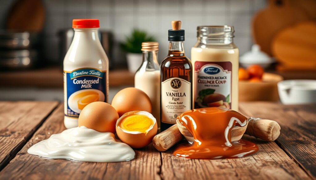 A vibrant still life showcasing the key ingredients for a perfect pudding. Centered on a rustic wooden table, a collection of classic pudding ingredients is beautifully arranged - smooth, creamy condensed milk, fresh eggs, fragrant vanilla extract, and rich, smooth dulce de leche. Warm lighting casts a cozy glow, highlighting the textures and colors of the items. The background features soft, out-of-focus kitchen elements, creating a welcoming, homey atmosphere. The overall composition is balanced and visually appealing, inviting the viewer to imagine the delicious pudding that can be created with these simple, high-quality components.