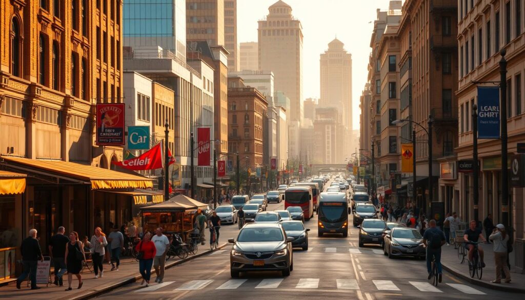 A vibrant street scene of bustling public thoroughfares, with a diverse array of pedestrians, vehicles, and urban architecture. The foreground features a lively sidewalk lined with storefront shops, cafes, and vendors, bustling with activity. The middle ground showcases a well-maintained roadway, with cars, buses, and bicycles navigating the busy intersection. In the background, a mix of modern and historic buildings rise up, their facades adorned with intricate details. Warm, natural lighting casts a golden glow over the scene, creating a sense of energy and vitality. The overall atmosphere conveys the dynamic nature of these public spaces, where people of all walks of life come together to live, work, and thrive.