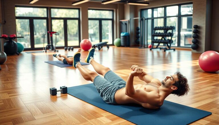 A vibrant, well-lit indoor gym scene featuring a fit person doing various core exercises to lose belly fat. The foreground shows a person on a yoga mat performing crunches, sit-ups, and other ab-focused moves. The middle ground includes additional workout equipment like exercise balls, resistance bands, and dumbbells. The background showcases a modern, minimalist gym interior with large windows, hardwood floors, and clean lines. The overall atmosphere is motivating and inspirational, capturing the dedication and hard work required to achieve a toned, flat stomach.