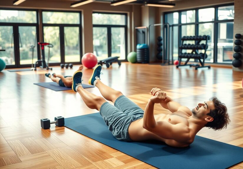 A vibrant, well-lit indoor gym scene featuring a fit person doing various core exercises to lose belly fat. The foreground shows a person on a yoga mat performing crunches, sit-ups, and other ab-focused moves. The middle ground includes additional workout equipment like exercise balls, resistance bands, and dumbbells. The background showcases a modern, minimalist gym interior with large windows, hardwood floors, and clean lines. The overall atmosphere is motivating and inspirational, capturing the dedication and hard work required to achieve a toned, flat stomach.