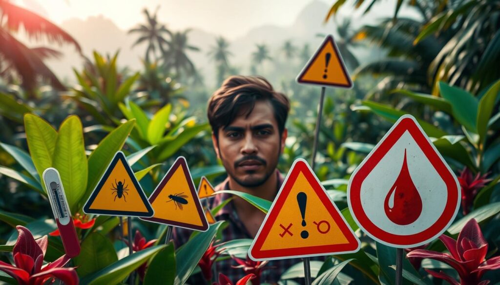 A vivid, tropical landscape, with lush foliage and a vibrant color palette. In the foreground, several common dengue warning signs are prominently displayed, including a thermometer, a rash, and a drop of blood. The middle ground features a person surrounded by these alerts, their expression conveying concern and a need for medical attention. The background is hazy, with a sense of urgency and a warning, suggesting the serious nature of the dengue outbreak. The lighting is dramatic, casting shadows and highlights that emphasize the gravity of the situation. The overall composition is balanced, drawing the viewer's eye to the key dengue warning signs and the person in need of care.
