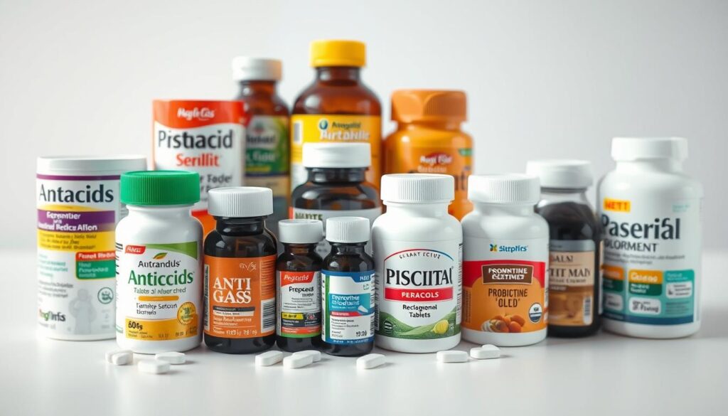 A well-lit, close-up shot of various over-the-counter medications and supplements commonly used to treat abdominal discomfort, arranged neatly on a clean, white surface. The items include antacids, anti-gas tablets, probiotics, and digestive enzymes. The focus is sharp, capturing the textures and labels of the products in a way that conveys a sense of professionalism and medical authority. The lighting is soft and even, creating a calm, reassuring atmosphere. The overall composition is balanced and aesthetically pleasing, hinting at the effectiveness and reliability of the depicted treatments for abdominal pain.