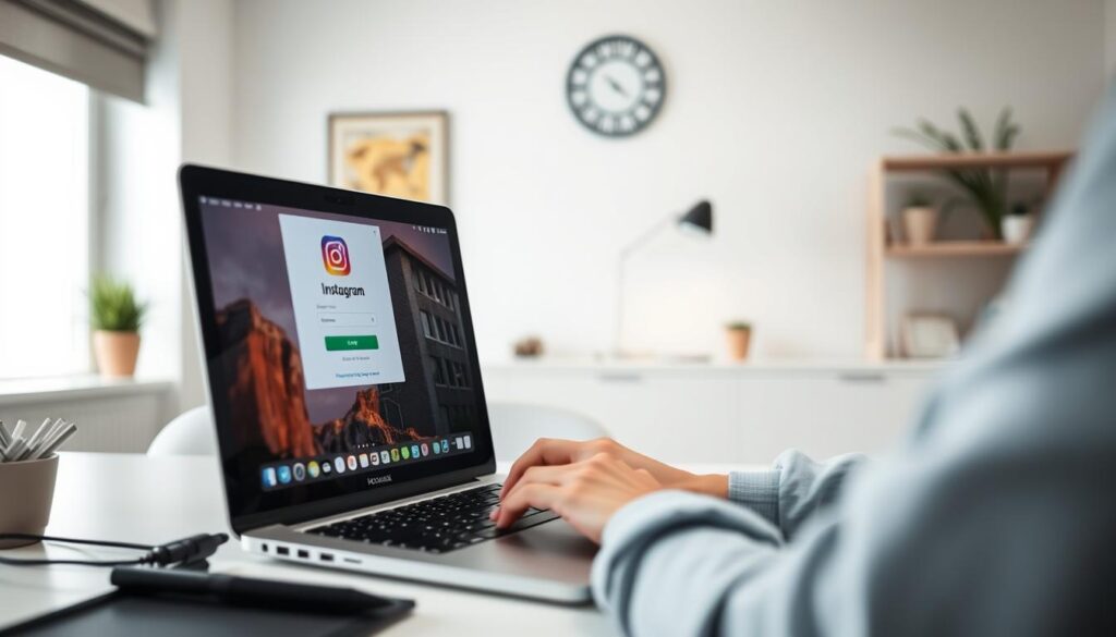 An image of a person using a laptop to recover their Instagram password, set against a clean, well-lit office environment. The foreground features the person's hands typing on the keyboard, with the laptop screen displaying the Instagram login page. The middle ground shows the person's face in a focused expression, with a sense of determination. The background showcases a tidy desk with minimal decor, creating a calming and professional atmosphere. The lighting is soft and diffused, creating a sense of clarity and attention to detail. The overall mood is one of problem-solving and competence.