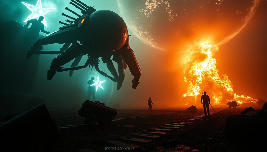 Gere uma imagem de uma cena dramática de "O Eternauta" com elementos de ficção científica.