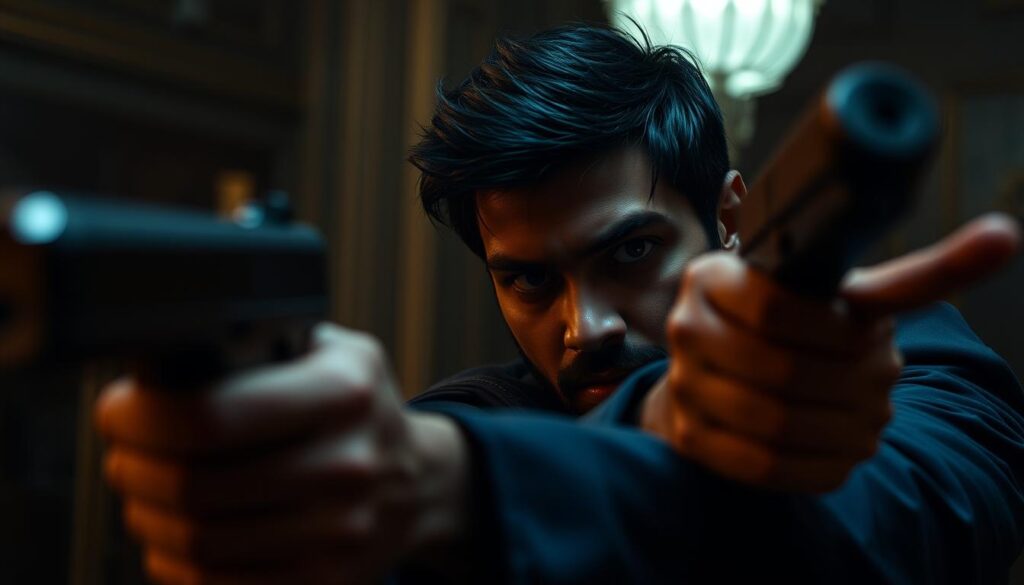 Imagem de Rehan, o protagonista de "Ladrão de Joias: Começa o Assalto", em uma cena de suspense