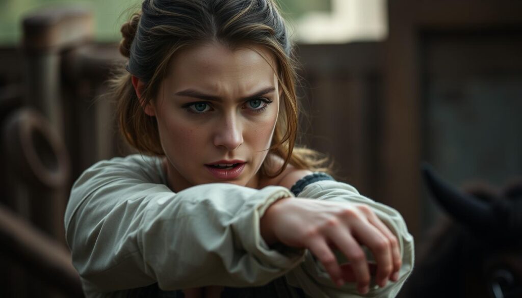 Imagem de Sara Wulf, a protagonista de "Exterritorial", em uma cena dramática