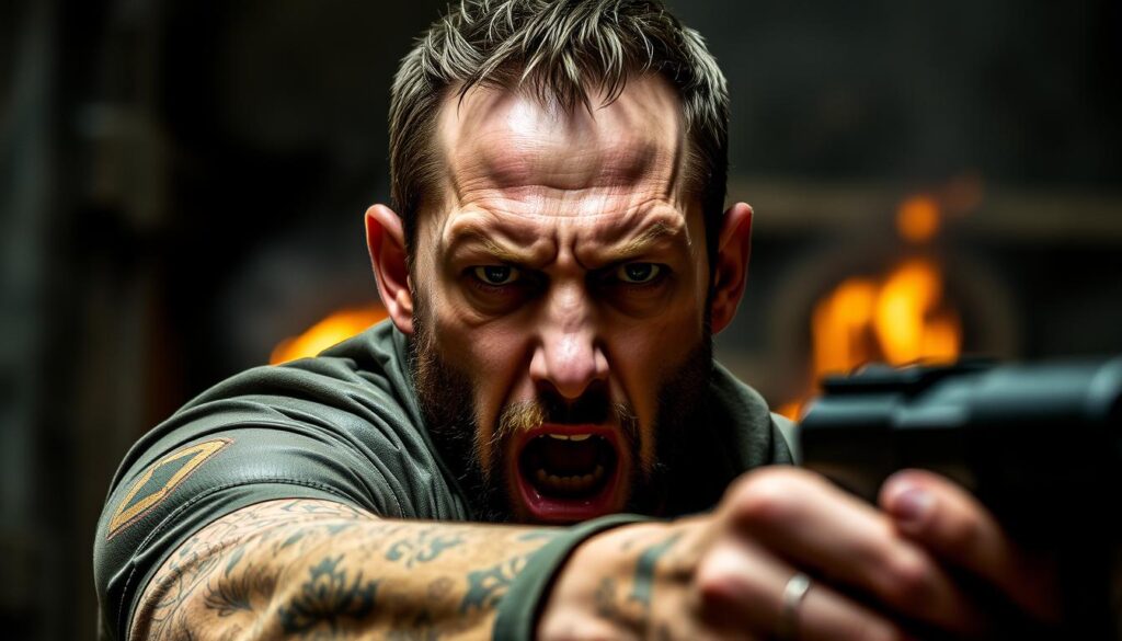 Imagem de Tom Hardy em uma cena de ação intensa do filme "Caos e Destruição"