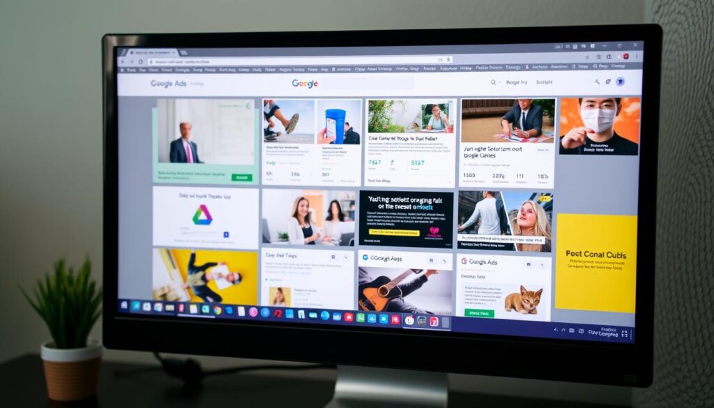 Imagem de uma tela de computador mostrando diferentes tipos de anúncios no Google Ads